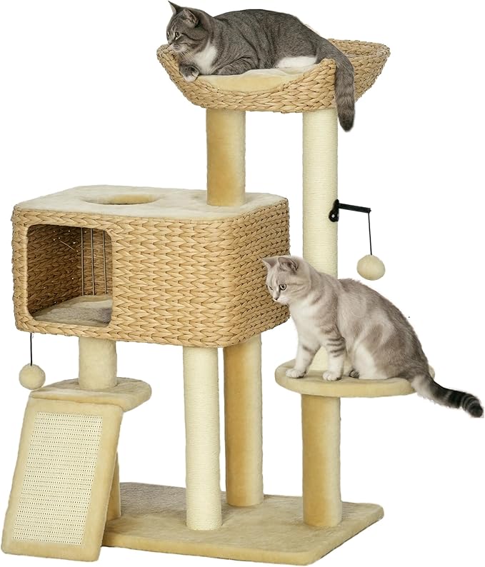 PawHut 38" Cat Tree for Indoor Cats, Cat Tower with Scratching Posts, Ramp, Condo, Toy Balls, Platform, Bed, Ramp, Beige