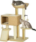 PawHut 38" Cat Tree for Indoor Cats, Cat Tower with Scratching Posts, Ramp, Condo, Toy Balls, Platform, Bed, Ramp, Beige