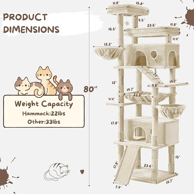 80 Inch Cat Tree, Large Cat Tower with 9 Scratching Posts, 2 Perches, 2 Caves, 2 Basket, 2 Stairs, Extra Large Hammock, Multi-Level Plush Cat Condo for Indoor Cats/Beige