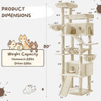 80 Inch Cat Tree, Large Cat Tower with 9 Scratching Posts, 2 Perches, 2 Caves, 2 Basket, 2 Stairs, Extra Large Hammock, Multi-Level Plush Cat Condo for Indoor Cats/Beige