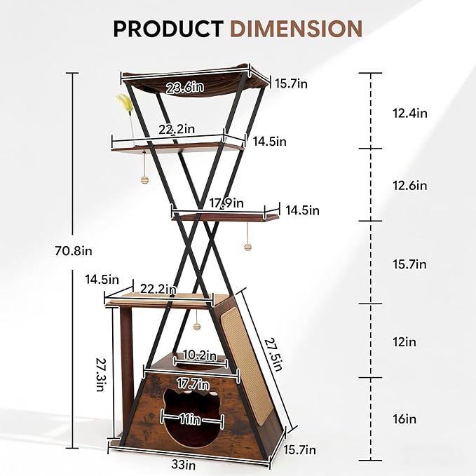 71" Modern Wood Cat Tree for Large Cats - Heavy Duty Tall Cat Tower for Indoor Cats, Multi-Level Cat Furniture with Spacious Condo, Large Perch, Scratching Posts & Hammock (Burnt Wood)