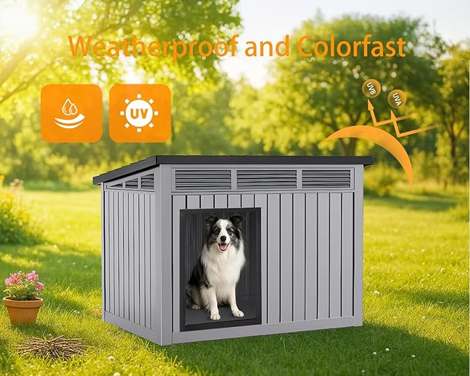 VIXZEN Dog House Outdoor, Indoor Dog House Medium Size Dog with Weatherproof PP Resin Material, Doghouse Outdoor with Openable Roof for Easy Cleaning, Sloped Roof, Air Vents, Easy Assembly (Gray)
