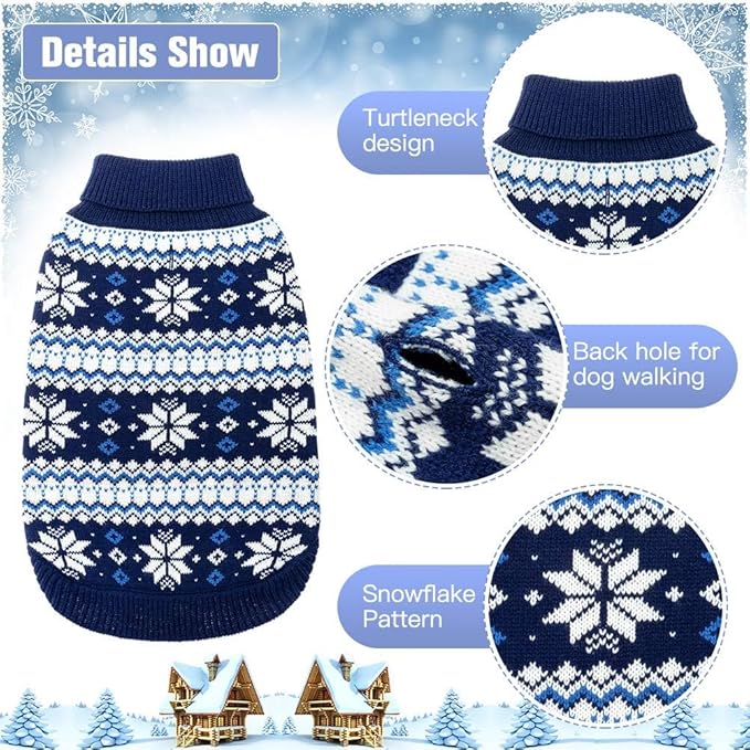 KOOLTAIL Cable Knit Dog Sweater Turtleneck, Cold Weather Pullover Classic Knitwear, Snowflake Pattern Thick Warm Winter Pet Clothes, Dog Christmas Sweater for Small Medium Large Dogs Cats,Navy Blue SM