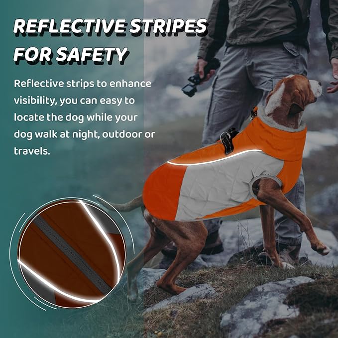 AOFITEE Dog Coat, Warm Dog Jacket, Reflective Dogs Winter Coat with Harness Built in and Fleece Lined, Waterproof Pet Winter Jacket Snowsuit for Small Medium Large Dogs, Orange L