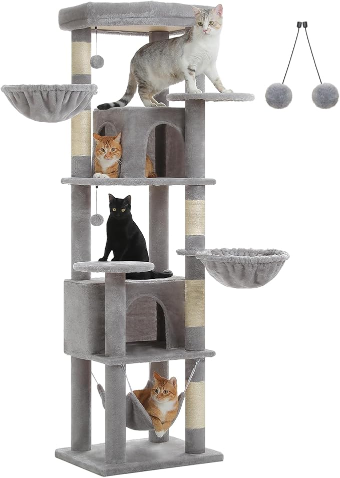 71.2 Inches Tall Cat Tree for Large Cats, Multi-Level Cat Tower with 2 Cozy Condos, Super Large Top Perch, 3 Hammocks, Sisal Scratching Posts and 2 Pompoms, Grey