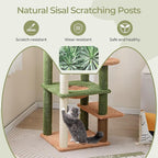 Tangkula Plant Cat Tree, 60 Inch Green Aesthetic Cat Tower with Sisal Scratching Posts, Artificial Leaves, Perch, Hammock, Self Groomer, Rope, Pompom Ball, Cute Cat Tree Tower for Indoor Cats