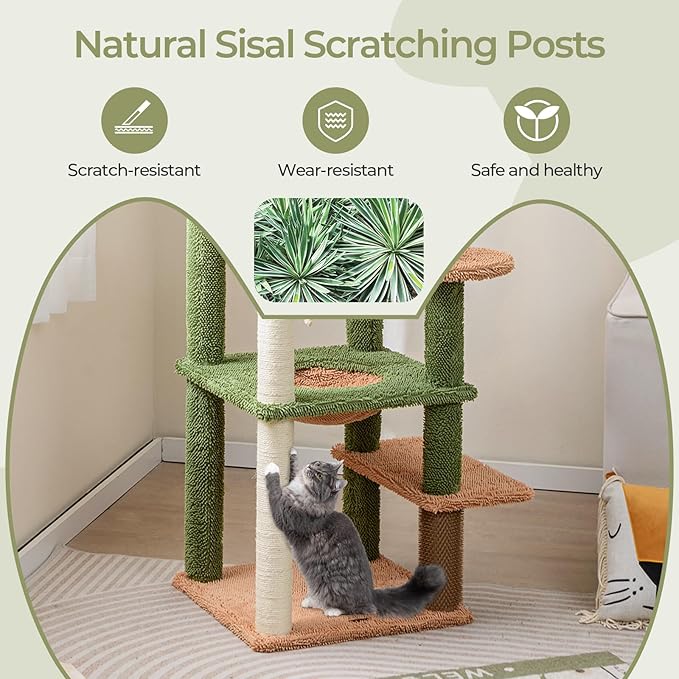 Tangkula Plant Cat Tree, 60 Inch Green Aesthetic Cat Tower with Sisal Scratching Posts, Artificial Leaves, Perch, Hammock, Self Groomer, Rope, Pompom Ball, Cute Cat Tree Tower for Indoor Cats