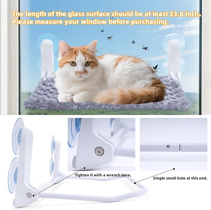 Cat Window Perch, Cordless Foldable Cat Hammock Bed with 4 Suction Cups, Embeded Machine Washable Bed for Indoor Cats, Strong Metal Frame Holds 40lbs (Grey)