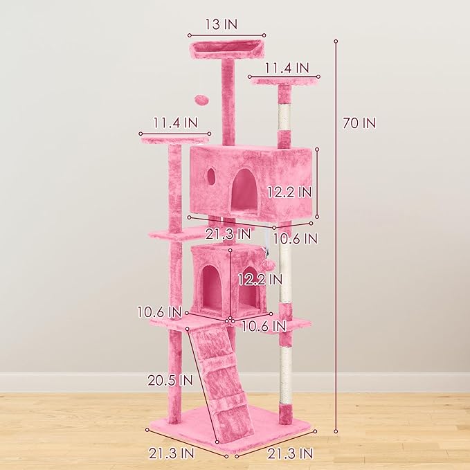 24/7 Shop at Home Court 70 inch Multi-Level Cute Cat Tree Tower with Dangling Ball and Scratching Posts for Indoor Cats Adults, Kitten Supplies, Pet House, Pink