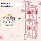 80 Inch Cat Tree,Large Cat Tower with 9 Scratching Posts, 2 Perches, 2 Caves, 2 Basket, 2 Stairs, Extra Large Hammock, Multi-Level Plush Cat Condo for Indoor Cats/Pink