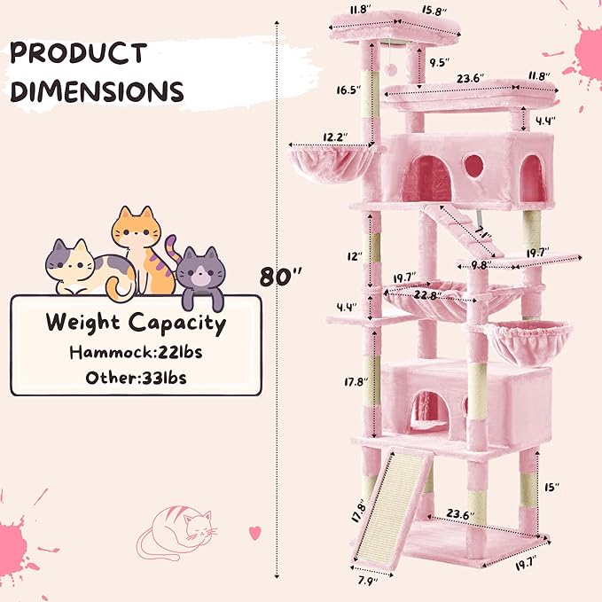 80 Inch Cat Tree,Large Cat Tower with 9 Scratching Posts, 2 Perches, 2 Caves, 2 Basket, 2 Stairs, Extra Large Hammock, Multi-Level Plush Cat Condo for Indoor Cats/Pink