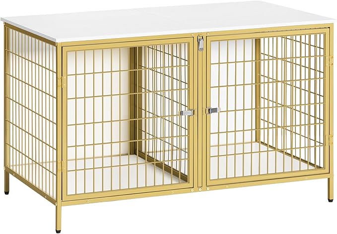 Dog Crate Furniture for 2 Dogs, 43.3" Dog Kennel with Removable Divider, Heavy Sturdy Dog Furniture Style Double Cage for Small Medium Dog, Indoor Pet House End Table, White and Gold
