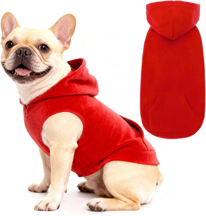 EXPAWLORER Dog Hoodie Fleece Sweater Vest, Hooded Dog Sweatshirt Fall Winter Pet Clothes with Leash Ring, Sleeveless Warm Cozy Puppy Clothing for Cat Small Medium Large Dogs Girl Boy, Red XS