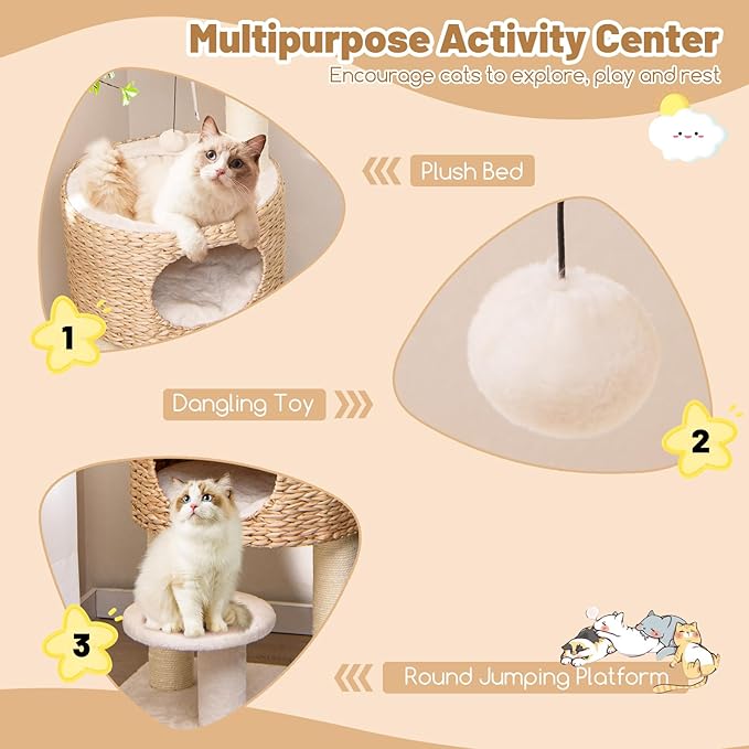 Tangkula Modern Cat Tree, 41 Inch Multi-Level Cat Tower with Cattail Fluff Condo & Top Perch, Hanging Toy, Bed, Removable Cushion, Sisal Scratching Posts for Indoor Cats, Natural