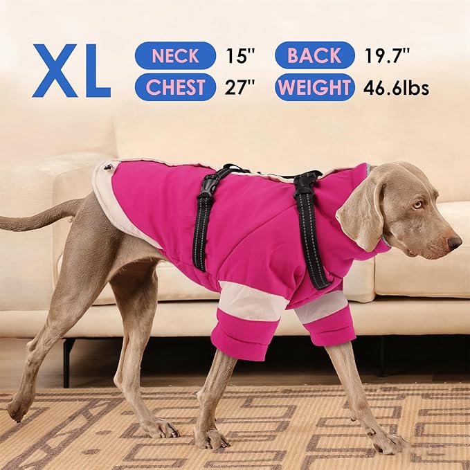 XX-Large Dog Winter Coat with Harness 2 in 1-for Walk The Dog | Thick and Warm Lining for Cold Winter,Turtleneck Windproof Snowsuit with Sleeves,Night Reflective Harness(Rosered)