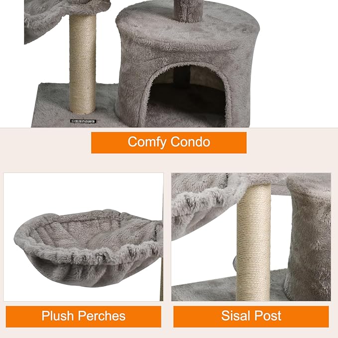 27-in Heavy-Duty Cat Tree for Large Cats, Multi-Level Tower with Sisal Scratching Posts, Plush Perch, Hammock & Condo Anti-Tip Design