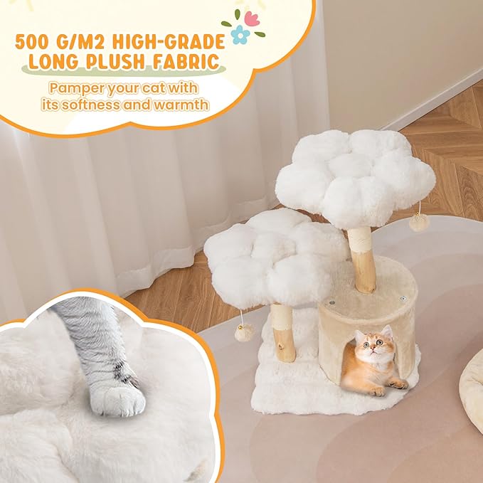 PETSITE 32 Inch Wood Cat Tree, Multi-Level Small Cute Cat Tree with Sisal Scratching Posts, Cat Condo, Soft Long Plush Covered Perches, and Dangling Balls