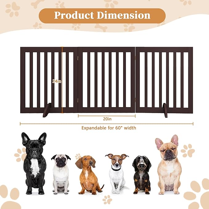 24”H Freestanding Wooden Pet Gate, Dog Gate for Stairs, Doorways, and Hallways, Step Over Foldable Pet Fence for Indoor Use, Support Feet Included, 60 inch Wide 3 Panels, Espresso