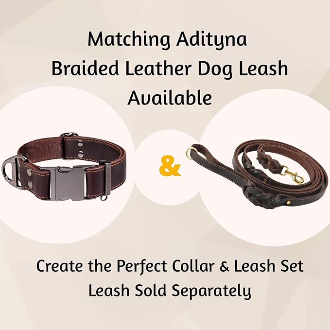ADITYNA Leather Dog Collar with Metal Buckle - Heavy-Duty, Adjustable for Medium & Large Dogs - Walking, Training, Hiking (Brown, Fits 15-21" Necks)