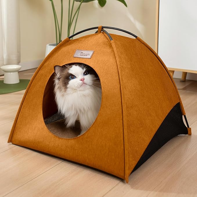 Pop-up Cat Tent Indoor Outdoor,Waterproof Cat House with Removable Cushion for All Seasons, Portable Pyramid Cat Cave Bed for Cats & Small Dogs, No Assembly Folding Pet Tent,Brown