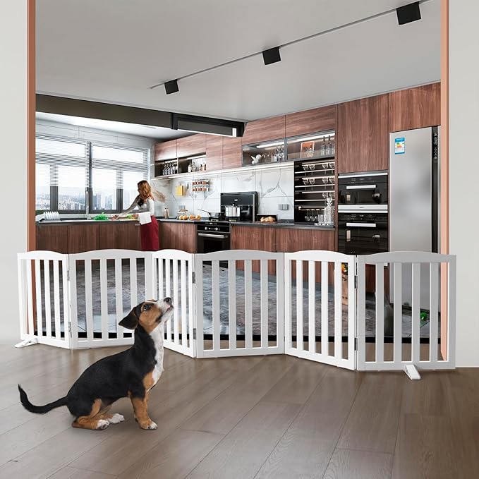 Freestanding Dog Gate Indoor,Doggie Gate Foldable Dog Gates for Doorways,Stairs or Hallways, Wooden White Pet Gate for the House, Pet Fence with Support Feet Included,24 "Height-6 Panels