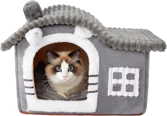 Jiupety Bear Cat Houses for Indoor Cats, Chimney Cute Cat Bed Cave, Enough Interior Space, Cartoon Soft Pet House Up to 3-10 lbs Kitten, Gray