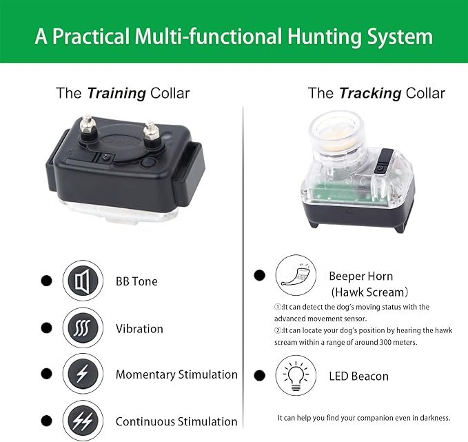 Hunting Dog Training Collar - Exclusive Hawk Sound Beeper & LED Beacon, Dual E-Collars with Training & Tracking,1 Mile Long Range, Waterproof & Rechargeable, Locating/Tone/Vibration/Shock