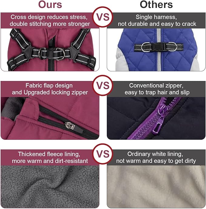 Dog Winter Coat, Warm Dog Jacket Reflective Adjustable Fleece Vest with Harness Built in, Windproof Pet Snow Jacket Snowsuit with Zipper for Small Medium Dogs, Purple XS