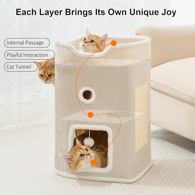 Cat House, Cat Beds for Indoor Cats, 2-Story Cat Condo Cube with Scratch Pad and Fluffy Ball Hanging, Multi-Level Cozy Hideout Center Ideal for Small/Medium Cats