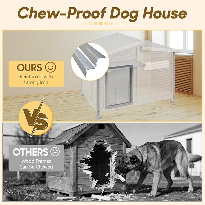Outdoor Wooden Dog House for Small & Medium Dogs, Weatherproof Winter Dog Kennel with Openable Roof & Window, Chew-Resistant Frame, Cozy Indoor Shelter