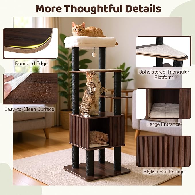 PETSITE 64-inch Wooden Cat Tree, Multi-Level Modern Cat Tower with Scratching Posts, Spacious Condo with Top Cat Hole and Removable Soft Pad, Comfy Padded Top Perch, and Dangling Ball