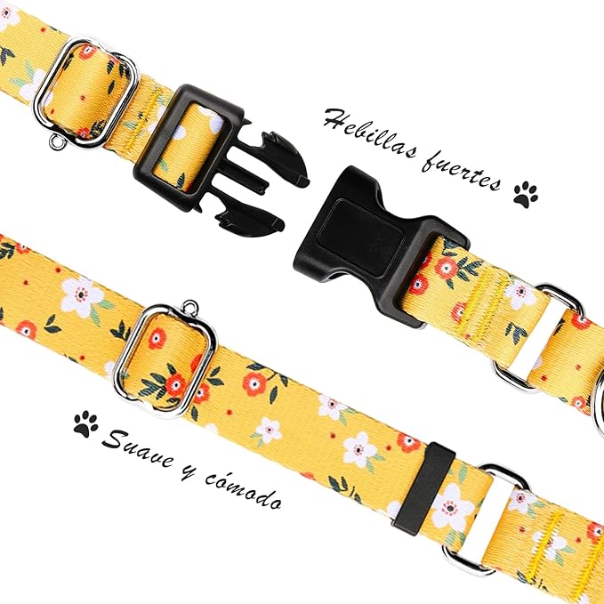 Hikiko Martingale Collar for Dogs Cute Floral Dog Collar for Small Medium Large Dogs Soft Nylon Quick Release Dog Collars (Yellow Flower,Small)