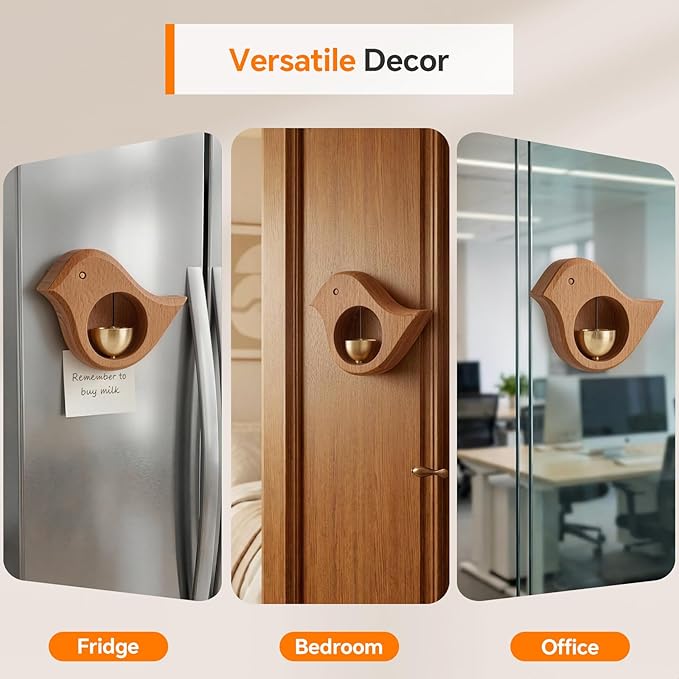 Bird Shape Shopkeepers Bell for Door Opening – Magnetic Wooden Door Chime & Brass Wind Bell for Business Entrance, Home Decor – Cute Bird Alert for Fridge, Porch, Barn Door No Battery