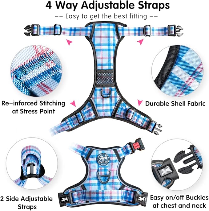 PoyPet No Pull Dog Harness, [Release at Neck] Reflective Adjustable No Choke Pet Vest with Front & Back 2 Leash Attachments (Checkered Blue,S)