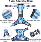 PoyPet Plaid Dog Harness, No Pull Front Clip Pet Vest Harness, Soft Padded Reflective Adjustable Walking Harness with Handle for Large Medium Small Dogs(Checkered Blue, M)