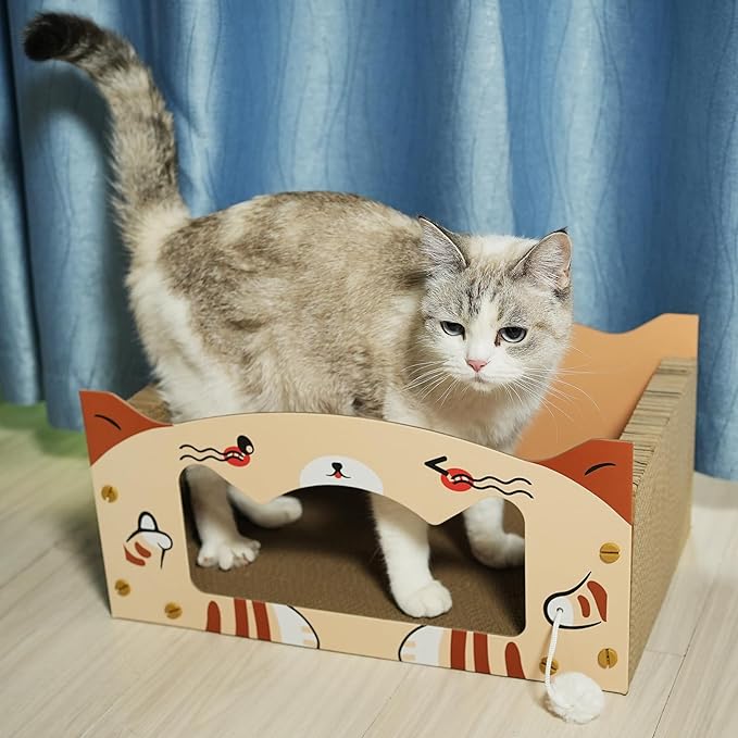 Large Heavy Duty Cardboard Cat Scratcher Box and Cat Bed with Refillable Scratch Pad - Perfect for Indoor Cats - Cozy and Durable