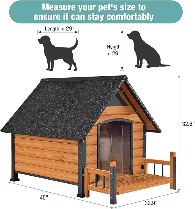 Large Dog House with Proch, Weatherproof Outdoor Kennel for Large Dogs, Chew-Resistant Iron Frame & Asphalt Roof for Outdoor (Wood, L)