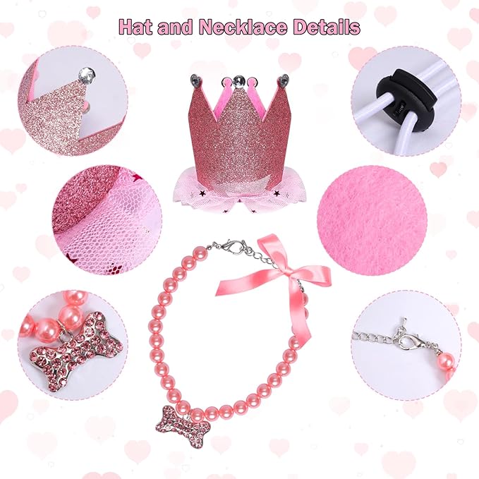 Dog Party Supplies Set - Pink Tutu Skirt, Birthday Hat, Necklace for Puppy Cat Halloween Wedding Costume