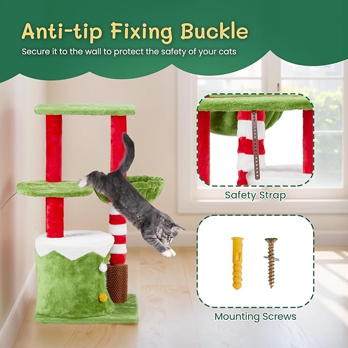 Christmas Decorations, Christmas Cat Tree Tower, 31.5 inch Cat Furniture with Condo & Hammock, Scratching Post for Indoor Cats, Green Red White Cat Tree with Massage Brush (31.5 in Christmas)