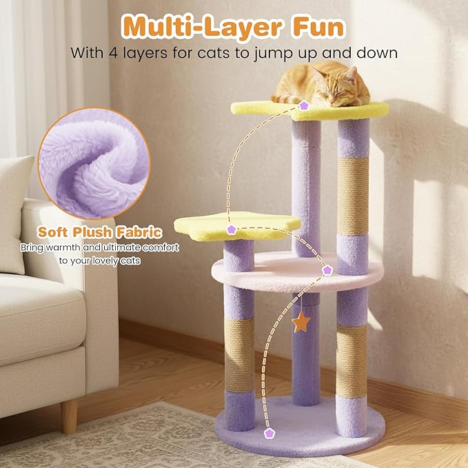 Tangkula Cute Cat Tree, 29 Inch Multi-Level Cat Tower with Jute Scratching Posts, Star & Moon Shaped Platforms, Perch Dangling Toy, Cat Climbing Furniture for Indoor Cats (Purple)
