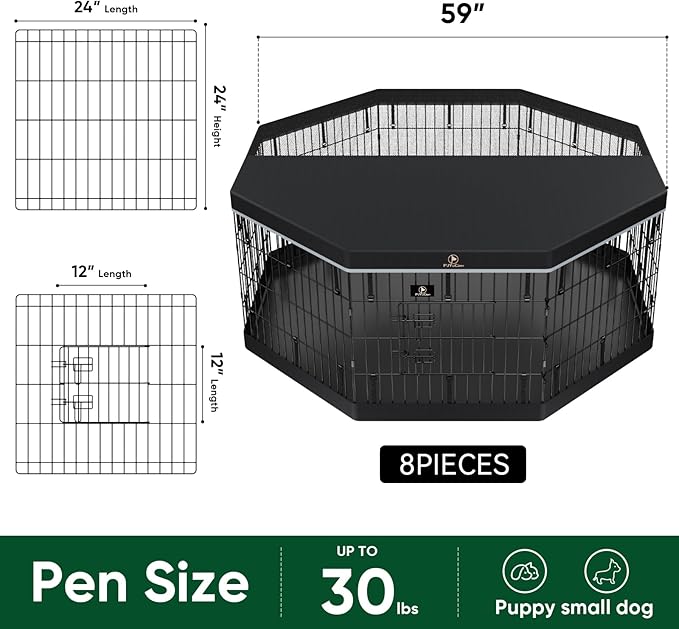 PJYuCien Dog Playpen with Top Cover and Bottom Pad - Metal Foldable Exercise Pen, 8 Panels 24" H x 24" W Indoor Outdoor Pet Fence Puppy Crate Kennel, Black
