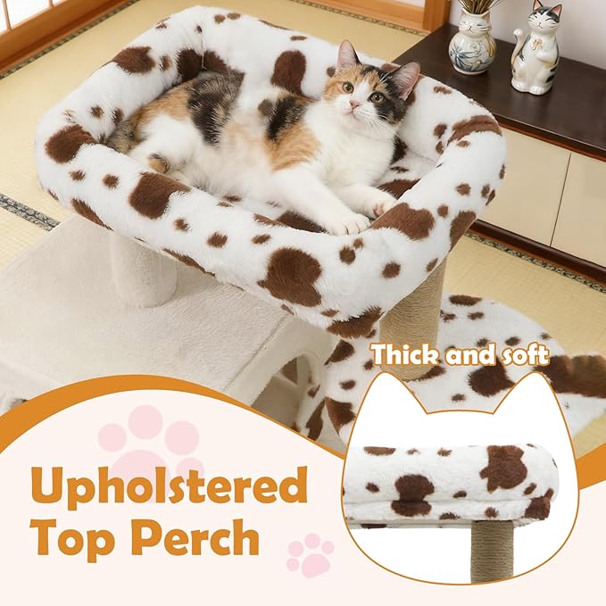 PETSITE 30-inch Small Cat Tree, Unique Cow Print Modern Cat Tree with Jute Scratching Posts, Comfy 2-Door Condo, Soft Upholstered Top Perch, Multiple Jumping Platforms, Ideal for Indoor Cats