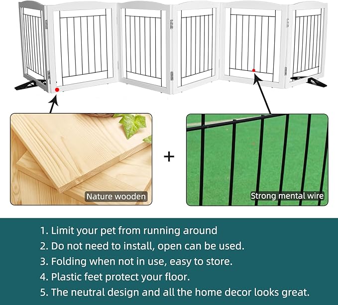 Dog Fence Indoor,Dog Gate Indoor for Doorway pet gate - 6-Panel Freestanding, Hallways, House or Stairs -120x24-Inch Retractable Foldable Expandable Wood Pet by SFJC (White)