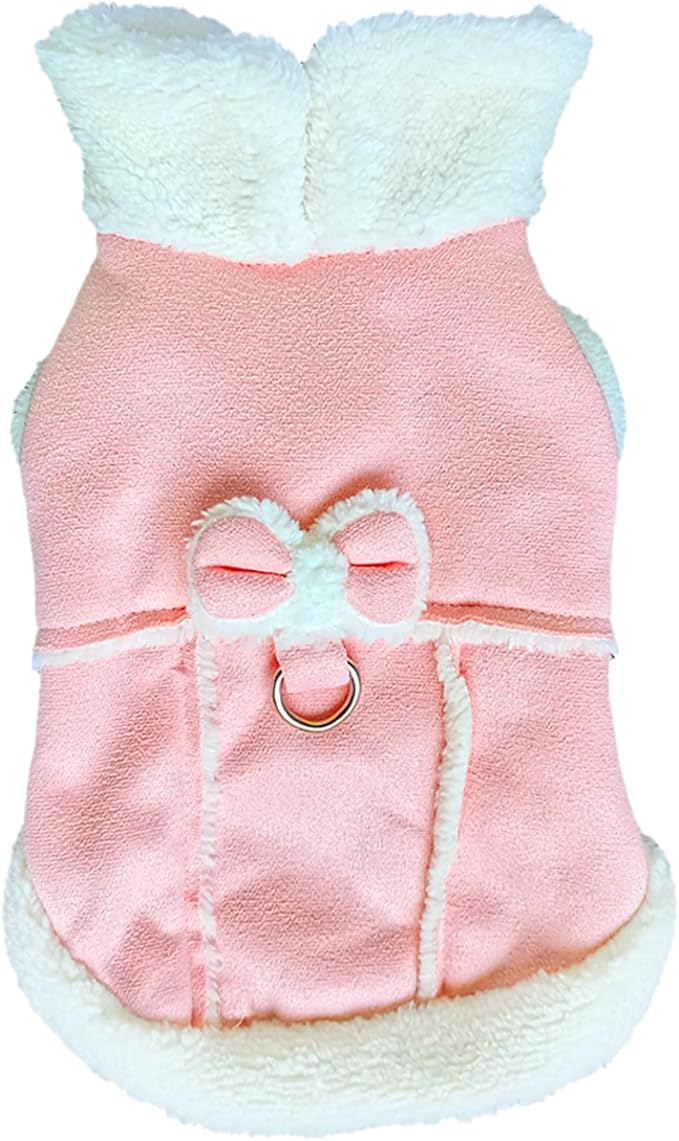 Jecikelon Bowtie Dog Cold Weather Coat Fleece Lining Warm Pet Puppy Turtleneck Dogs Winter Coats for Small Dogs Jacket with D-Ring Leash (Small, Pink)