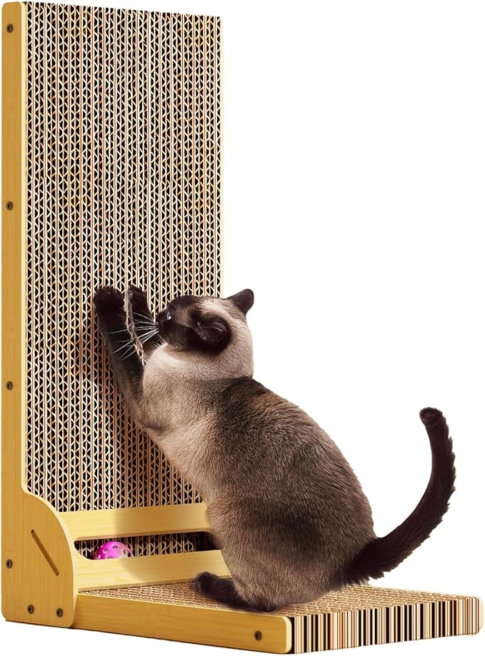 L-Shaped Cat Scratcher for Indoor Cats – Durable Cardboard Scratching Pad with Ball Toy & Catnip, Furniture Protector Cat Scratcher Lounge, Large Cat Scratch Board (Natural Design)