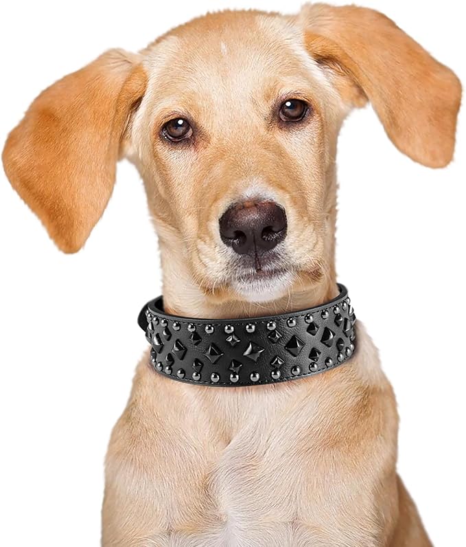 Premium Faux Leather Spiked Dog Collar with Square Studs: Stylish and Durable Design, Comfortable Fit for Small, Medium, & Large Dogs - Ideal for Everyday Walks, Training Black L