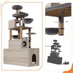 HavenlyYouth Cat Tree with 2 Litter Box Enclosures, All-in-One Cat Tower, Cat Condo with Sisal Scratching Posts, Hammocks, Detachable Plush Ball, Wooden Cat Furniture with Large Platforms, Grey