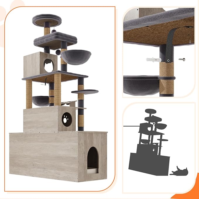 HavenlyYouth Cat Tree with 2 Litter Box Enclosures, All-in-One Cat Tower, Cat Condo with Sisal Scratching Posts, Hammocks, Detachable Plush Ball, Wooden Cat Furniture with Large Platforms, Grey