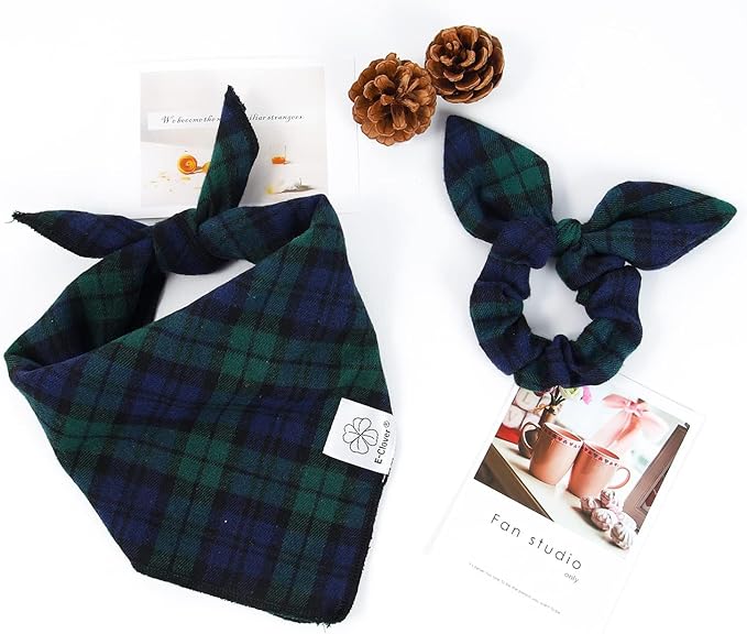 E-Clover Green Dog Bandanas Boy & Matching Scrunchie Set Plaid Dog Scarf Kerchief for Medium Large Dog Pet Bandana Owner Gifts Blue St Patrick Spring