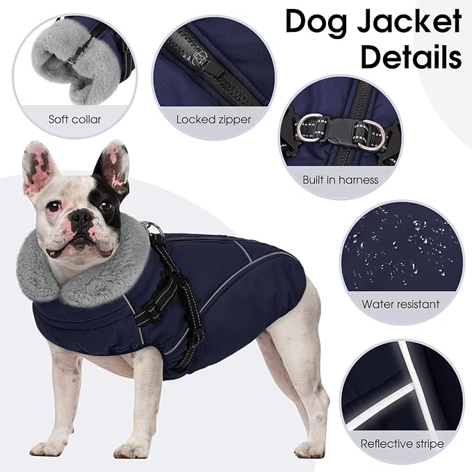 Dog Coats for Large Dogs, Dog Puffer Jacket with Harness Built in, Pet Warm Winter Vest, Dark Blue L